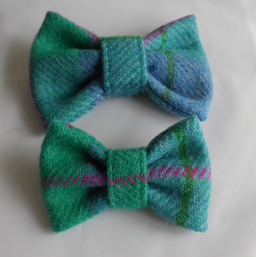 Handmade Harris Tweed Dog Bow - Turquoise Tartan