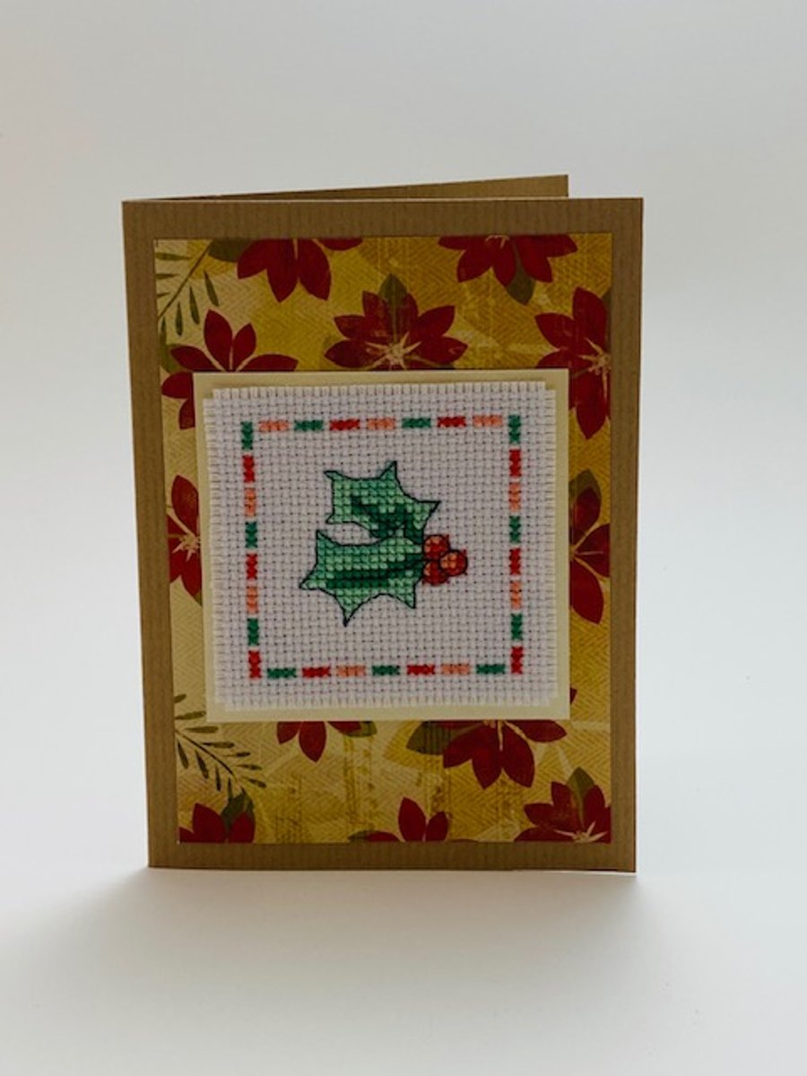Cross Stitch Holly Christmas Card - Blank for your own Personal Message 