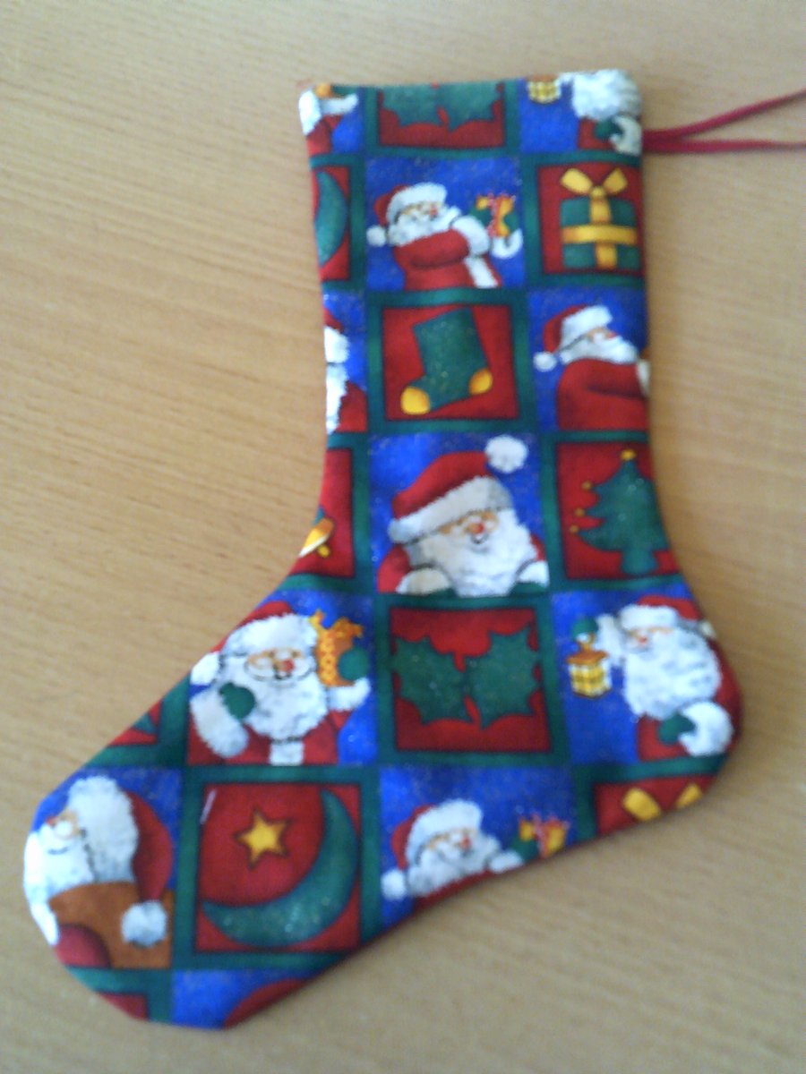 Santa and Trees in Squares 7.5 inch Christmas Stocking