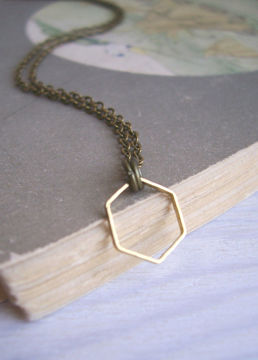 Single Golden Hexagon necklace - small fine honeycomb charm - simple