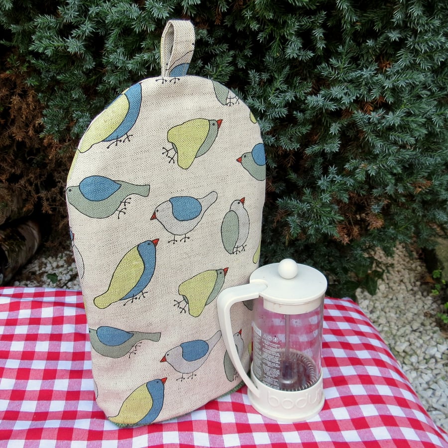 Birds  A cafetiere cosy, size small.  To fit a 2 cup cafetiere.  Coffee cosy.