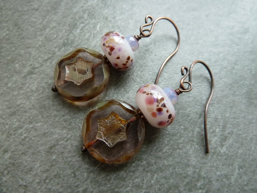 copper earrings, pale pink lampwork glass beads