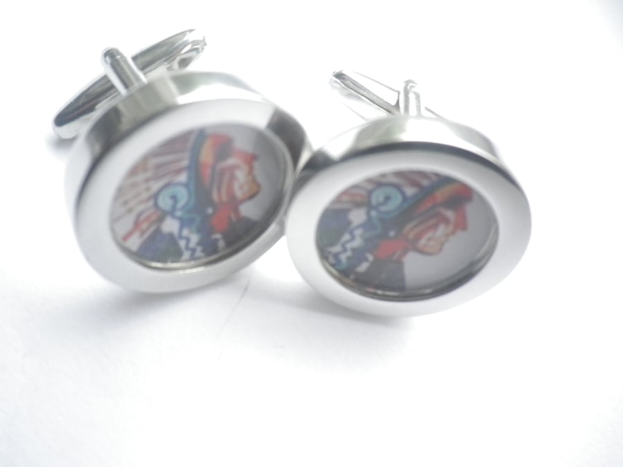 Indian Chief cufflinks highly polished silver finish, free UK shipping..