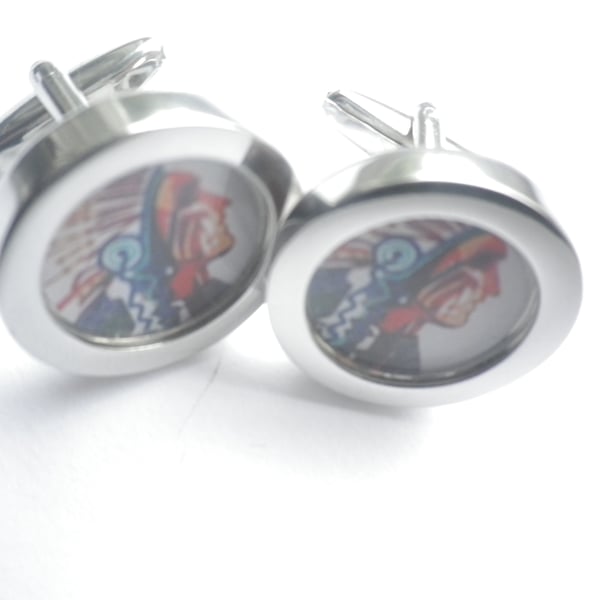 Indian Chief cufflinks highly polished silver finish, free UK shipping..