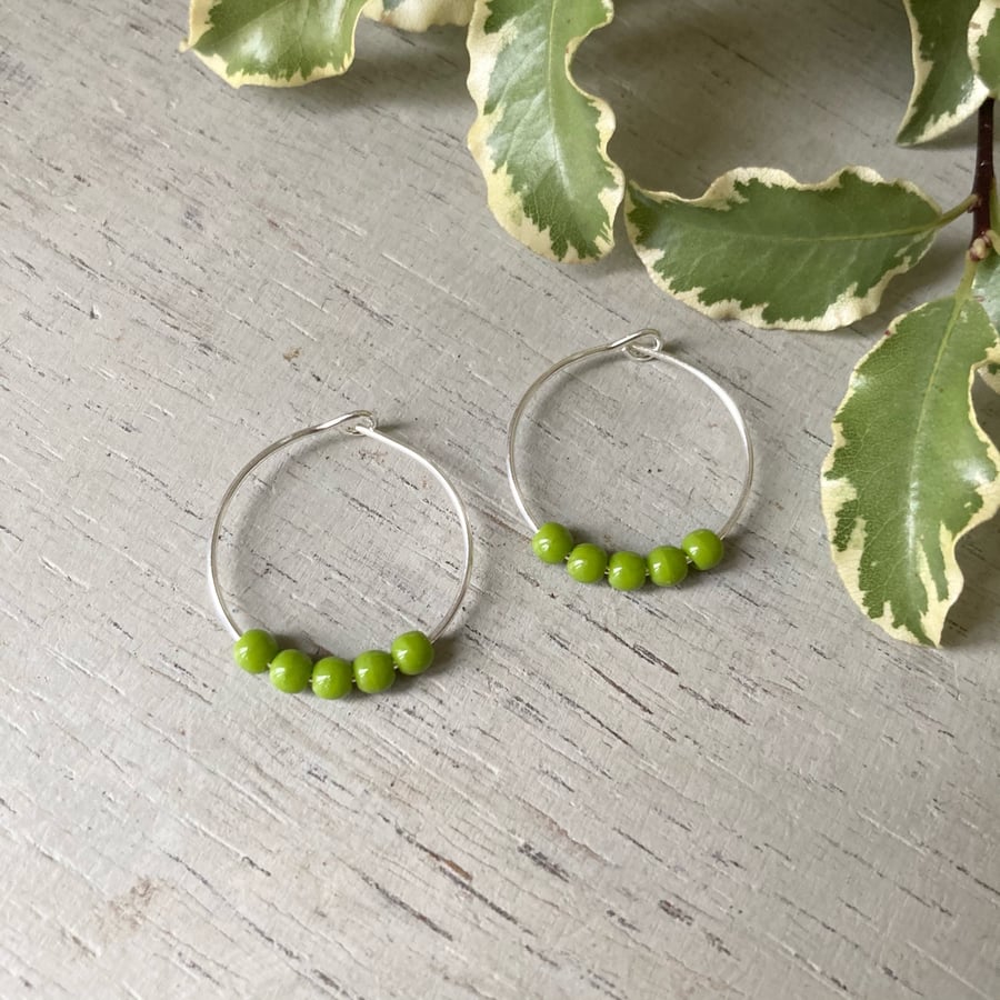 Olive Green Beaded Hoop Earrings, sterling silver