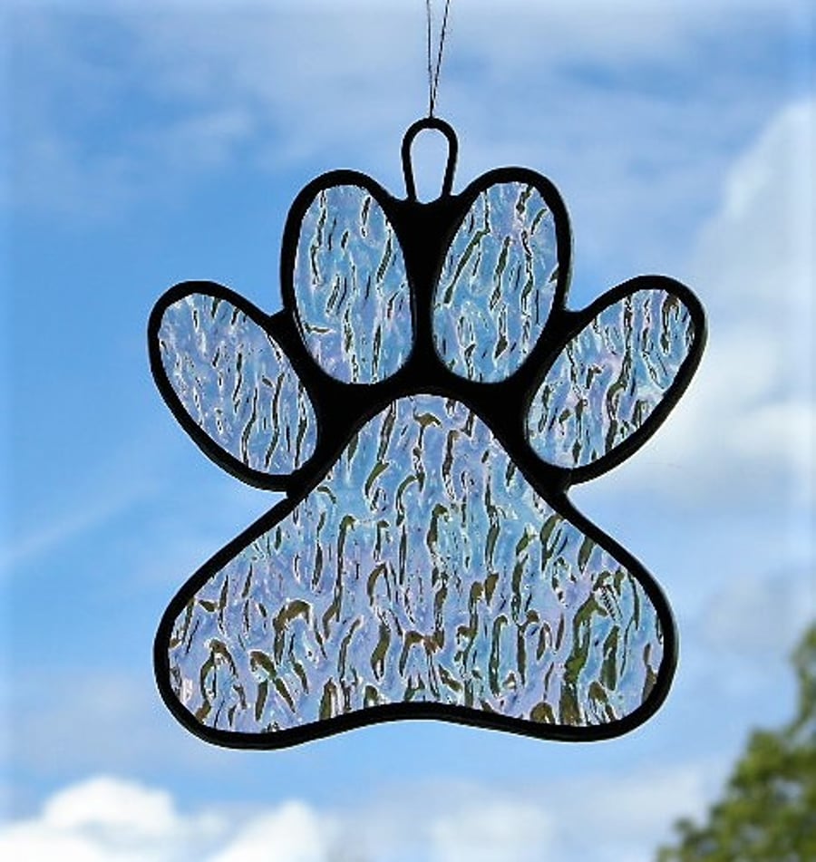 Paw Print in clear textured iridescent glass