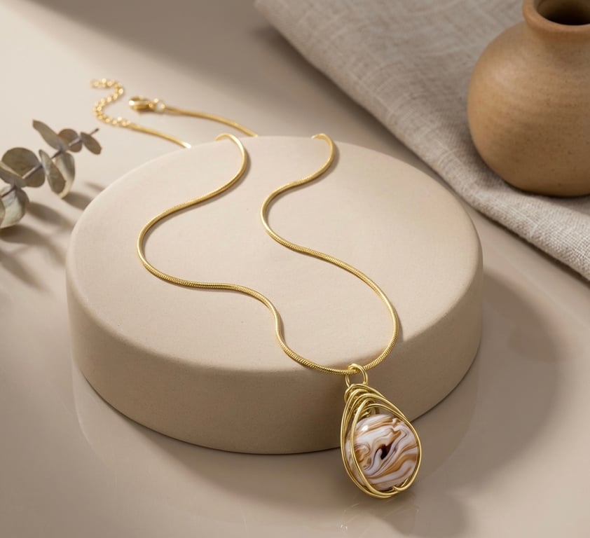 Coffee & Cream Wire Wrapped Pendant on Gold Plated Fine Snake Chain