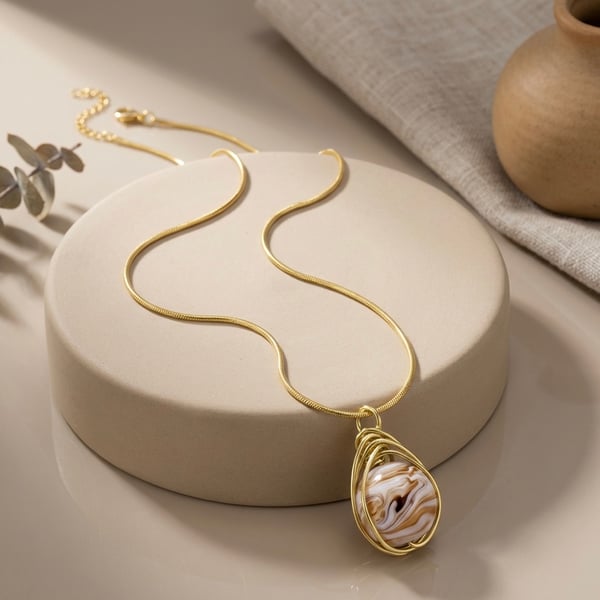 Coffee & Cream Wire Wrapped Pendant on Gold Plated Fine Snake Chain