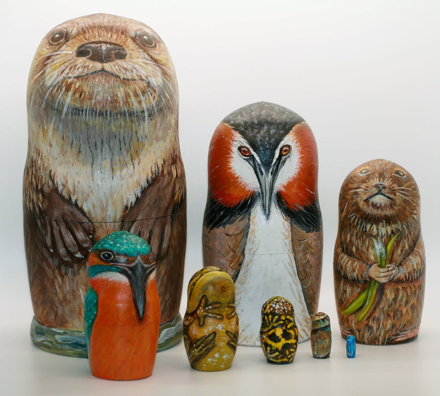 All Along the River, animal and bird nesting dolls 