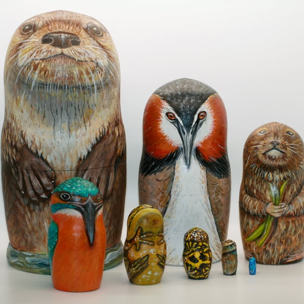 All Along the River, animal and bird nesting dolls 
