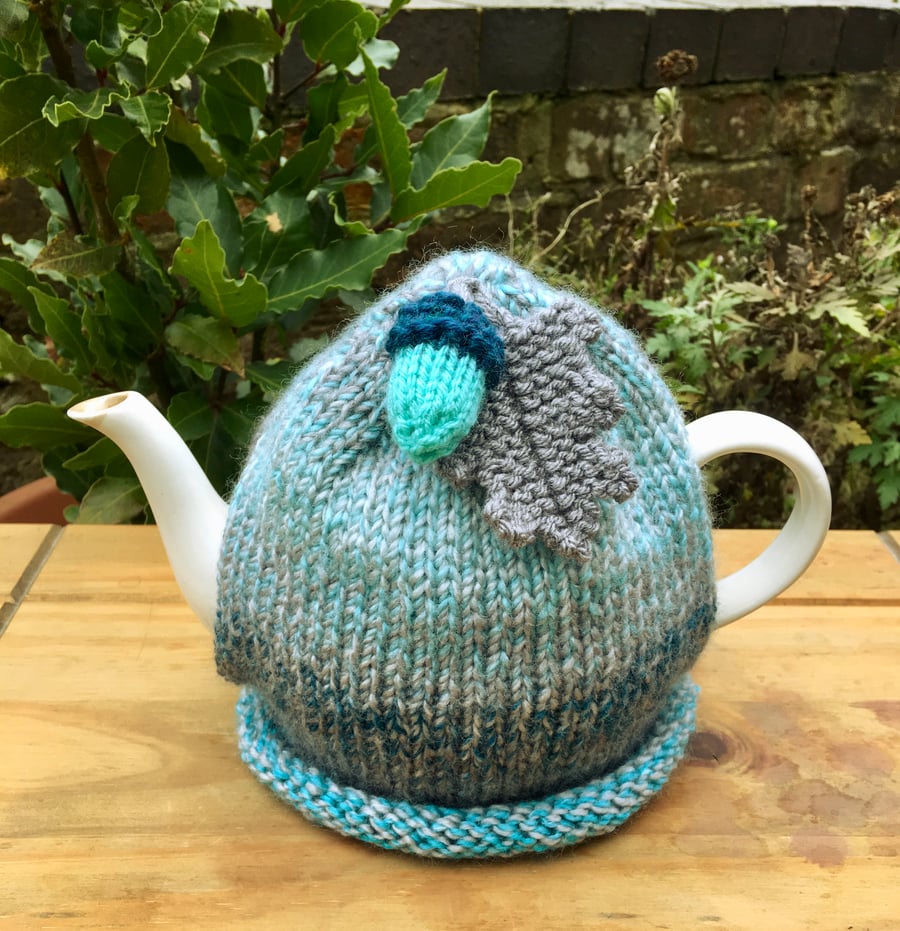 Turquoise and Grey Tea Cosy with Oak Leaf and Acorn, Autumn Tea Cozy