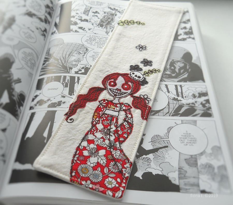 free motion embroidered zombie fabric bookmark red