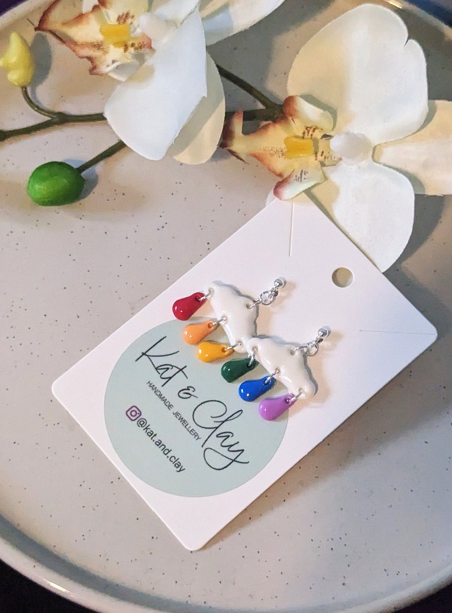 Pride Cloud Earrings - White Clouds with Coloured Raindrops