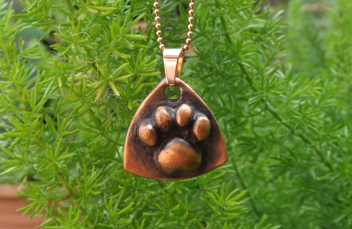 Recycled Copper Cat Paw Print Pendant Necklace.