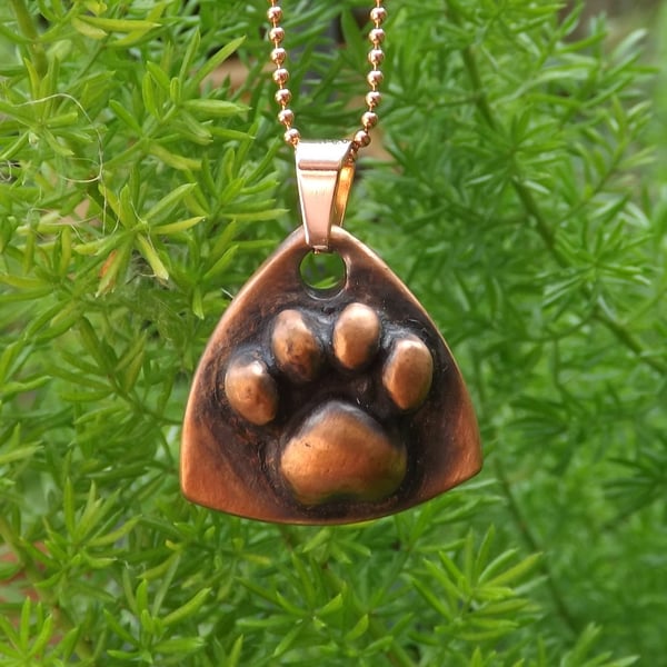 Recycled Copper Cat Paw Print Pendant Necklace.