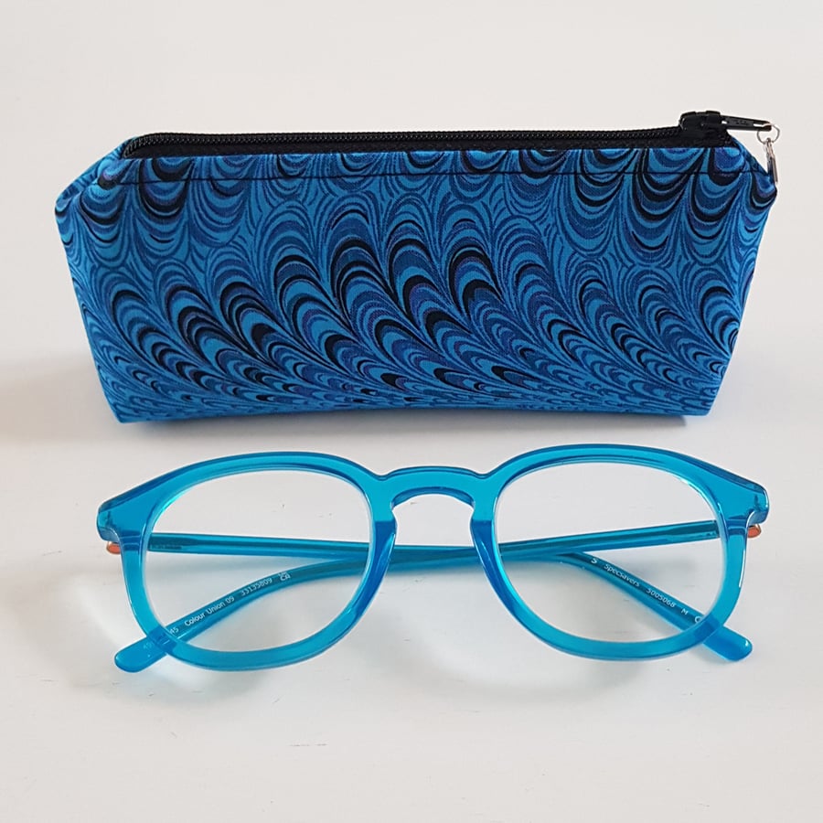 Blue Marbled Fabric Glasses Case - Zipped Spectacle & Sunglasses Pouch