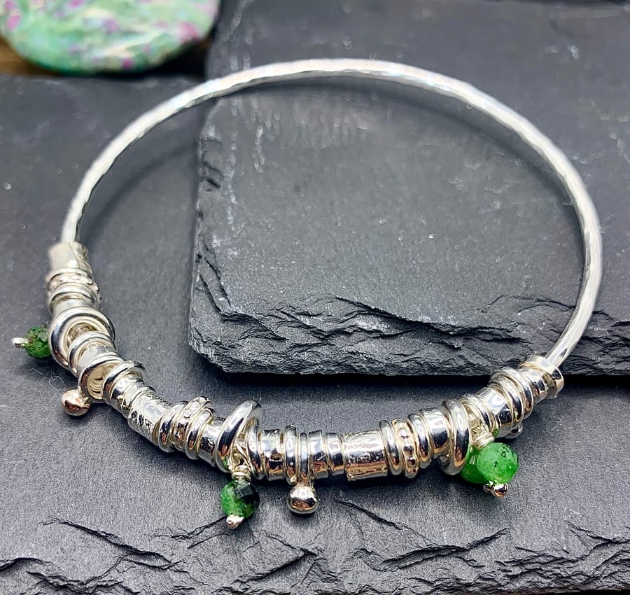 Sterling Silver Bangle & Ruby Zoisite Gem Charm Bangle