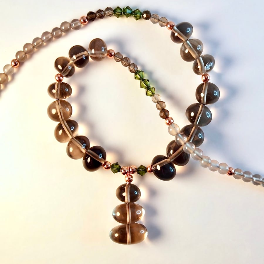Smoky Quartz Necklace With Grey Agate, Copper And Swarovski Crystals 
