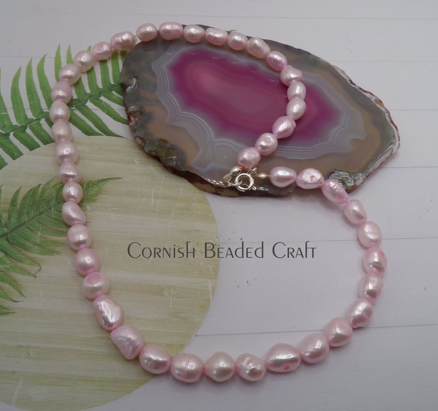 Pink Freshwater Pearl & Silver  Necklace.-Handmade in Cornwall - FREE UK P&P
