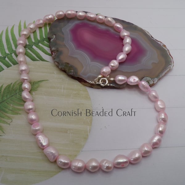 Pink Freshwater Pearl & Silver  Necklace.-Handmade in Cornwall - FREE UK P&P