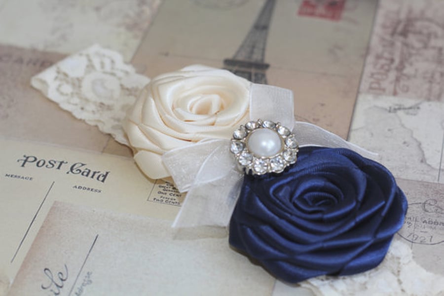 ANYA: Ivory & Navy Wedding Garter. Satin Rolled Flowers. 