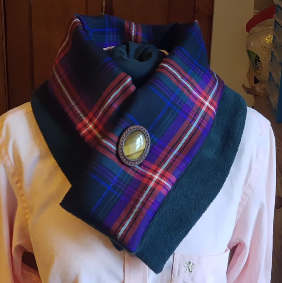 Reversible Tartan Tweed Scarf with Gemstone Pin