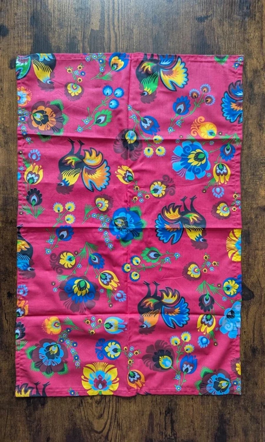 Vibrant Folk Art Rooster Tea Towel – Colourful Floral Dish Cloth – Traditional