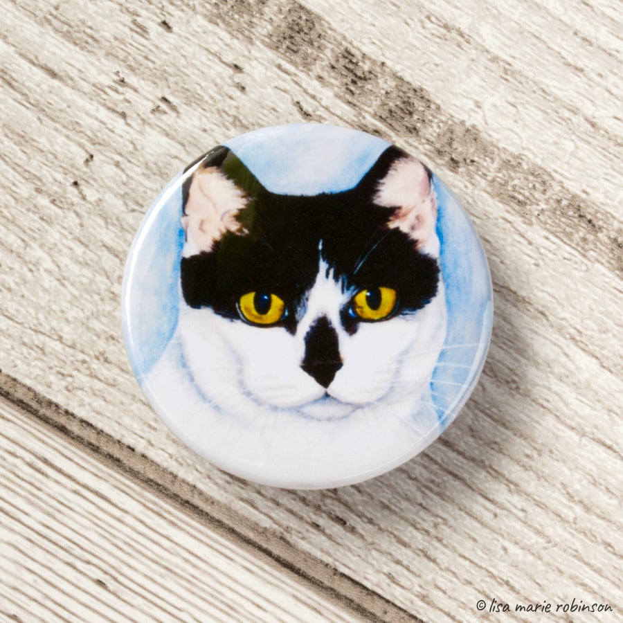 Black & White Cat Kitty Button Badge - 38mm 