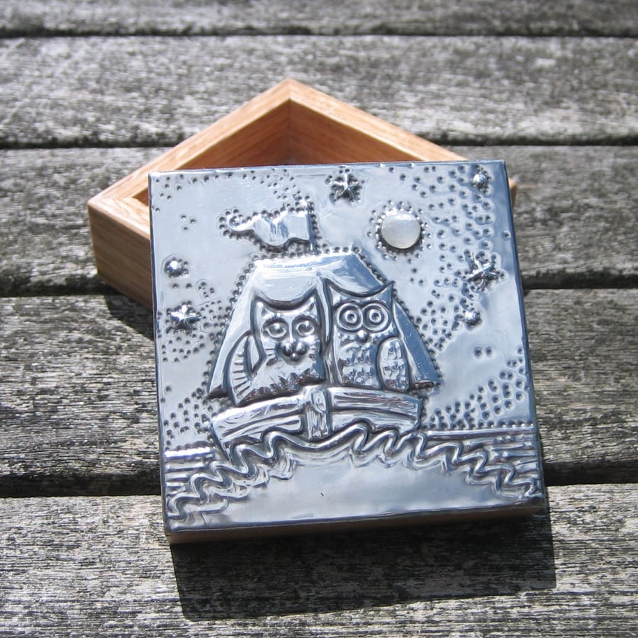 Handmade Pewter Box, the Owl and the Pussycat Design with Rainbow Moonstone
