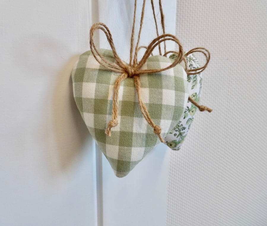 Heart shape decorations green floral and Laura Ashley check fabric