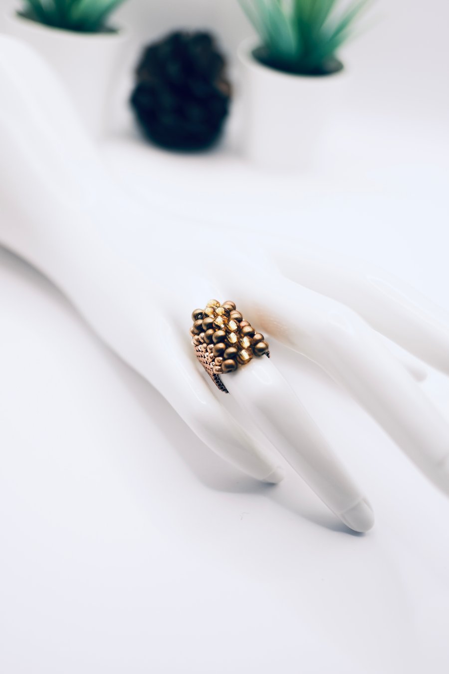 Gold and Copper Beaded Dragon Scales Ring, Size M