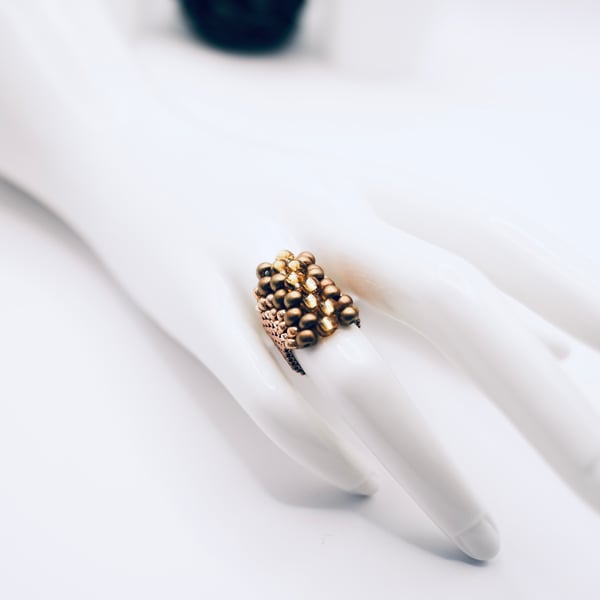Handmade Beaded Dragon Scales Ring in Gold and Copper.  Size M