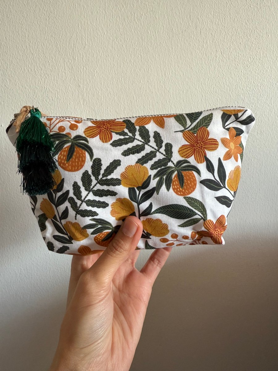Orange Floral Zipper Make Up Bag - Handmade