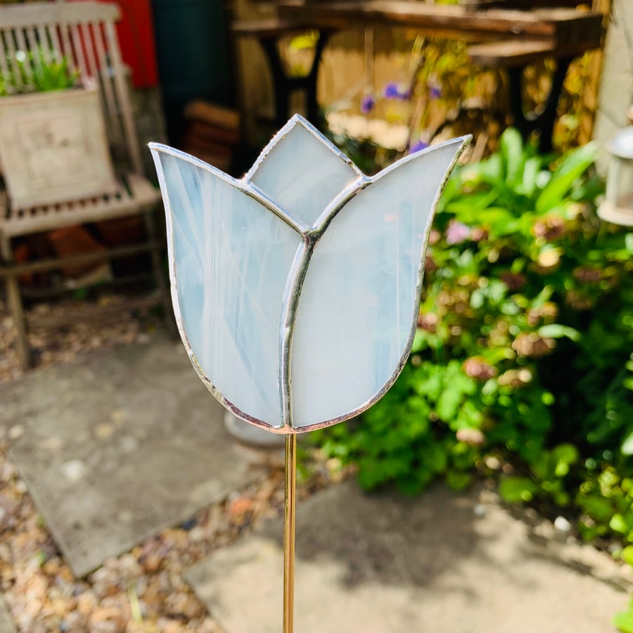 Stained  Glass Tulip Stake Large - Handmade Plant Pot Decoration -  White