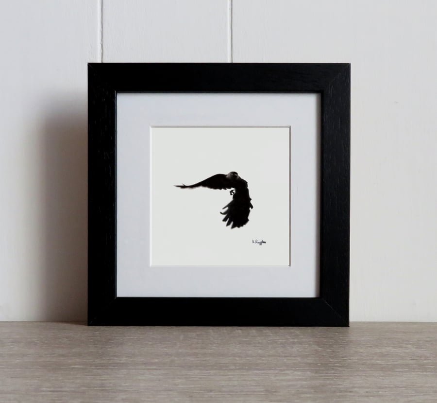 Crow original charcoal sketch, small silhouette of a jackdaw in flight.