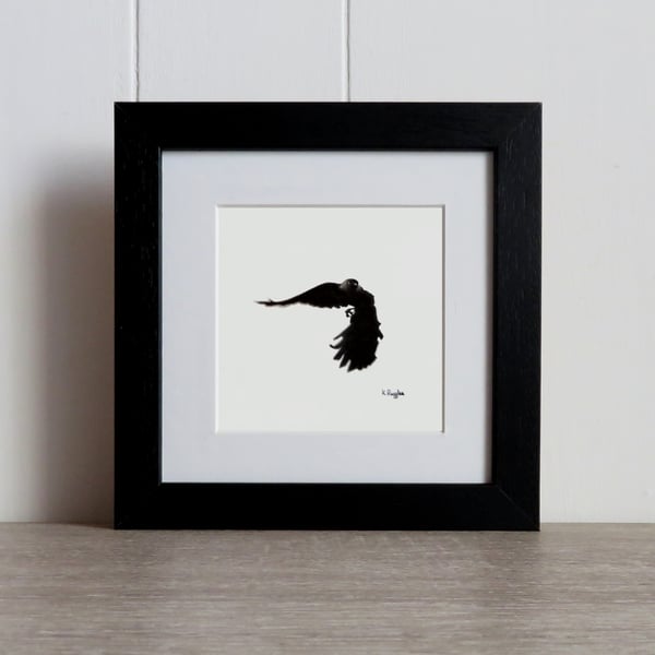 Crow original charcoal sketch, small silhouette of a jackdaw in flight.