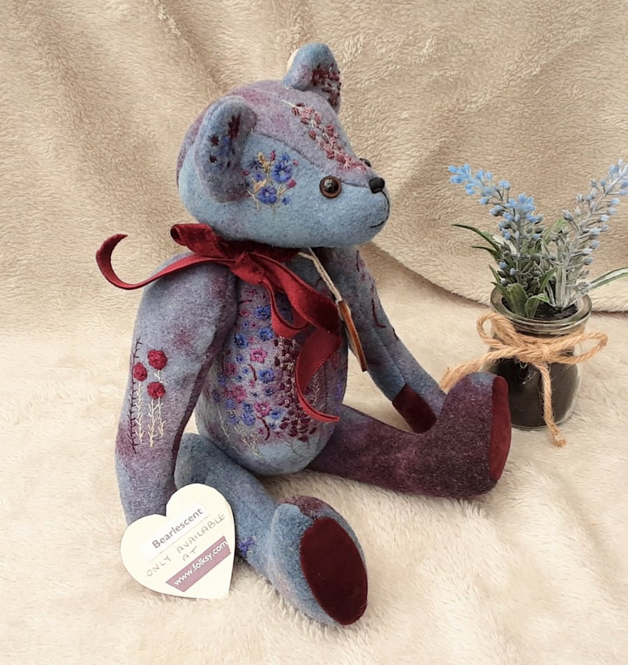 SALE Hand Embroidered & Hand Dyed Artist Bear, unique collectable teddy bear. 