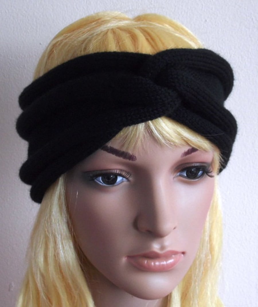 Knitted handmade turban headband for women, knit black ear warmer 