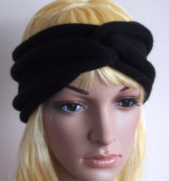 Knitted handmade turban headband for women, knit black ear warmer 