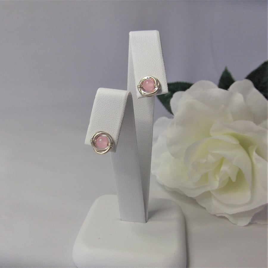 Rose quartz gemstone Russian wedding ring style recycled silver stud earrings