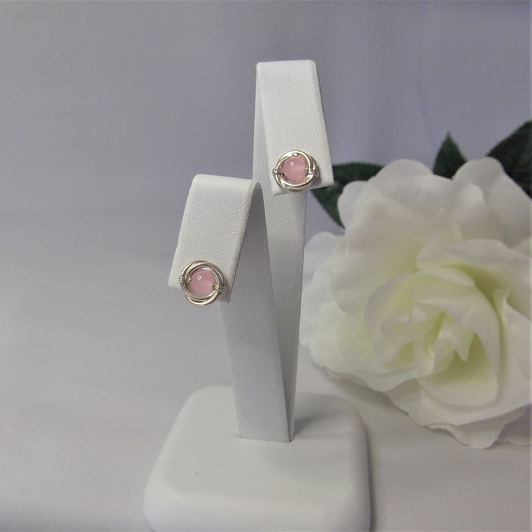 Rose quartz gemstone Russian wedding ring style recycled silver stud earrings