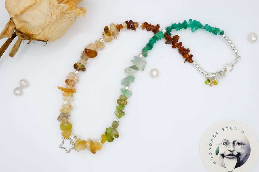 Bohemian Sterling Silver Star Charm Beaded Gemstone Confetti Necklace 