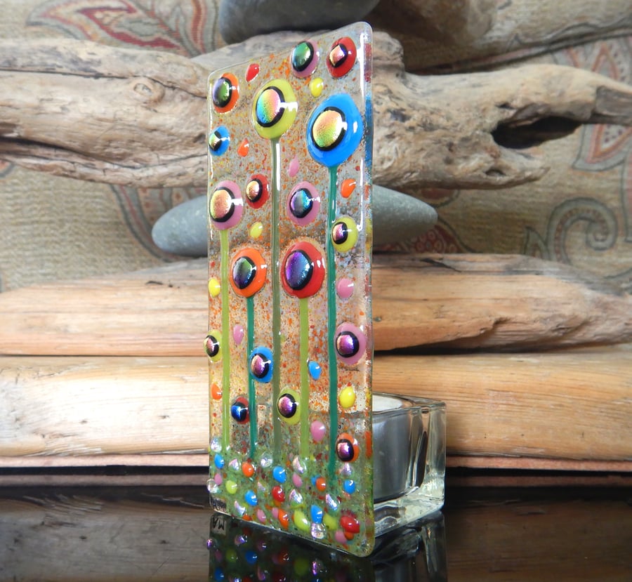 Handmade Fused Glass 'Flowers' T Light Holder