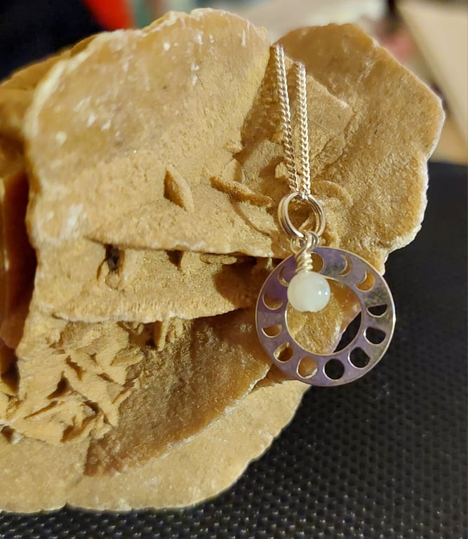 Sterling Silver Lunar Phases and Rainbow Moonstone Necklace