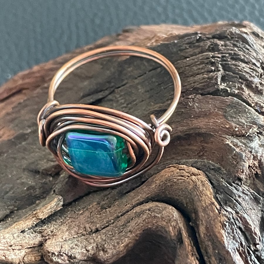 Blue Square Bead Wire Wrapped Copper Ring - Size R (8.5)