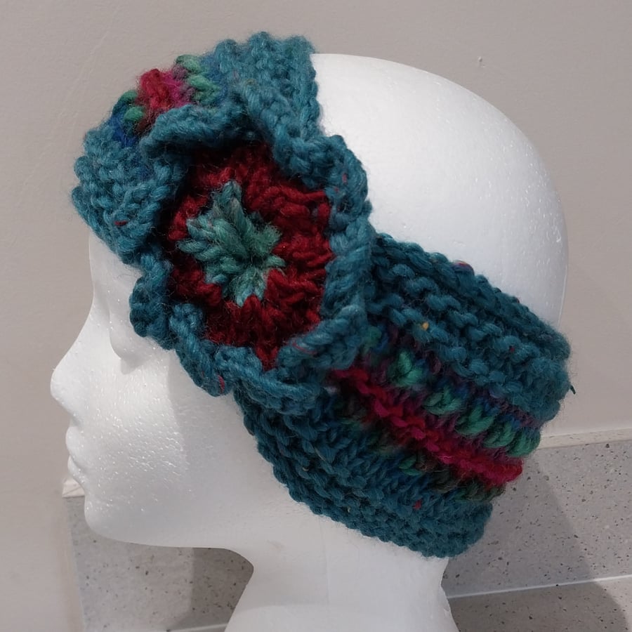 Hand Knitted Merino Headband Lacy Eyelet in Teal Jolly Xmas col 5