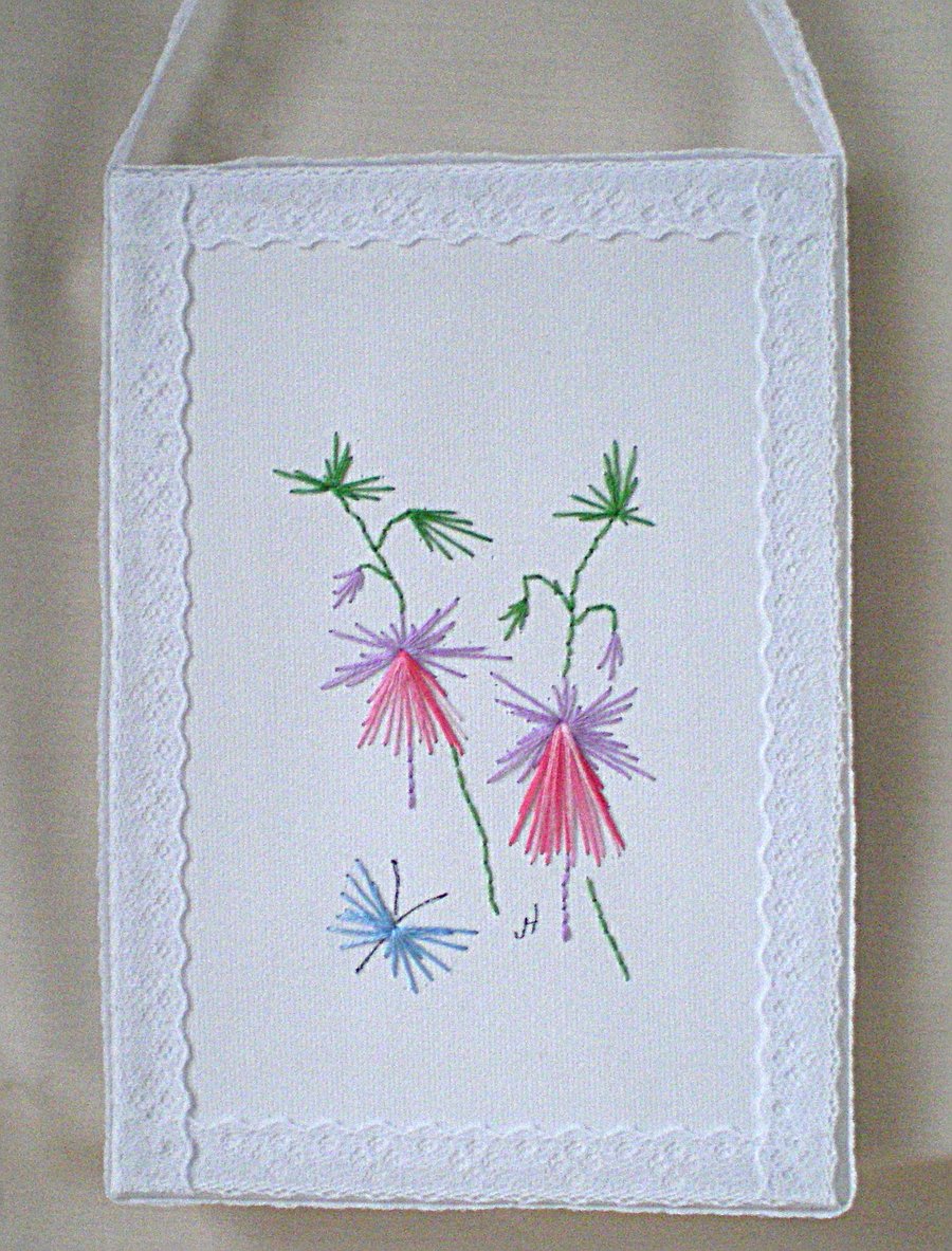 Hand embroidered decoration,Fuchsia,Flowers,Wall art,Embroidery,Lacy,