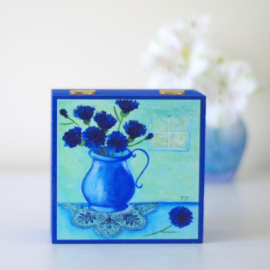 Blue Trinket Box with Original Art Print, Blue Flowers Decorative Box