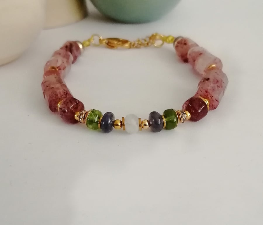 Strawberry quartz bracelet with tanzanite peridot & moonstone
