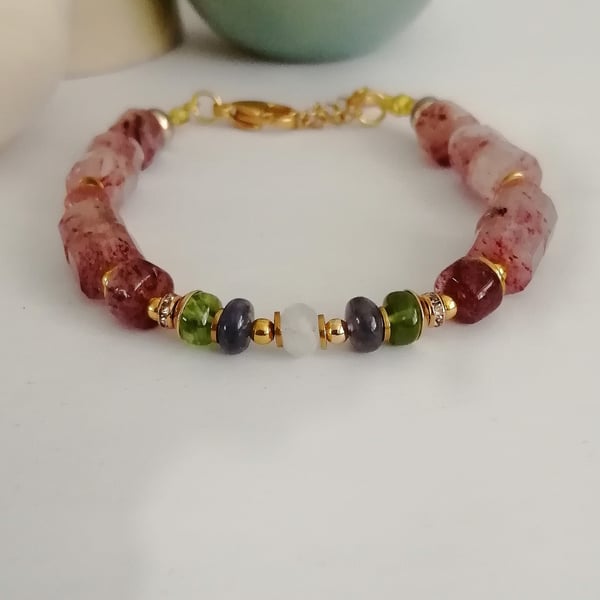 Strawberry quartz bracelet with tanzanite peridot & moonstone